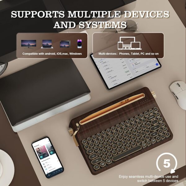 YUNZII QL75 Wireless Typewriter Hot Swap Retro Mechanical Keyboard,Punk Round Keycaps,RGB Backlit QMK/VIA Programmable, Multi-Device Keyboard with 2.4GHz/Type-C/BT5.0 (Wood, Cocoa Cream V2 Switch)