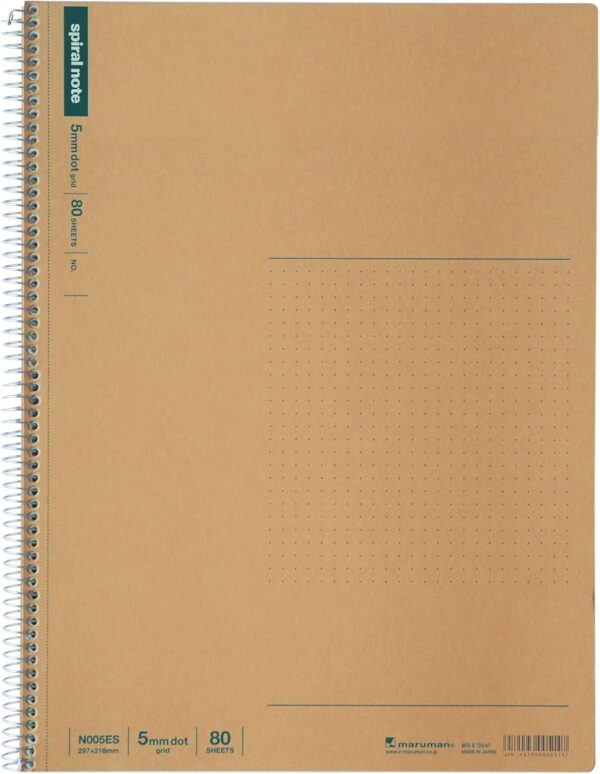 Maruman Spiral Note Basic Dot Grid Notebook- A4, 8.27" x Maruman Spiral Note Basic Dot Grid Notebook- A4, 8.27" x 11.69", 80 Sheets / 160 Pages, 5mm Dotted Journal, Perforated Pages & Wire-Bound to Lay Flat, Sturdy Kraft Cover, Made in Japan