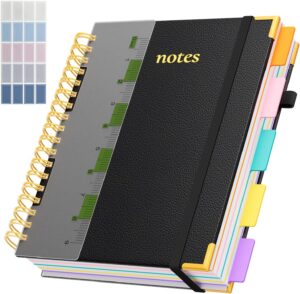 XYark Line Hardcover Spiral Notebook with Removable Dividers Tabs & Ruler, 5 Subject Notebook College Ruled, 300 Page, Large 8"x10" B5 Notebooks for Work School, Lined Journal for Women & Men, Black