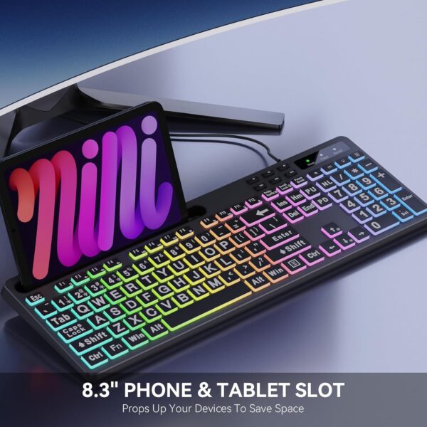 71dkpsKCfHL._AC_SL1500_.jpg MARVO Large Print Backlit Keyboard, WK712 Wired Computer Keyboards with 7 Colors & 11 Modes Backlight, Tablet Phone Holder and Quiet Light Up Keys, Full-Size Gaming Keyboard for Windows, Mac