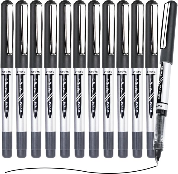 EYEYE Black Rollerball Pens 12 Pack, 0.7mm Medium Point Roller Ball Pen Quick Dry, Liquid Ink Pens Fine Point Smooth Writing Pen for Journaling, Note Taking, Office, School Supplies