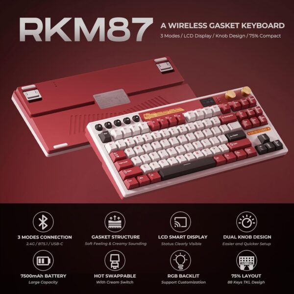 71erE-VbAyL._AC_SL1500_.jpg RK ROYAL KLUDGE M87 Wireless Gaming Keyboard with Screen and Dual Knob, 75% Percent 2.4Ghz/Bluetooth/USB-C Mechanical Keyboard with Gasket Structure, RGB Backlit Hot Swappable Cream Switch, Red