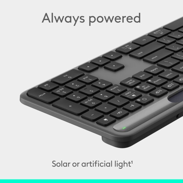 71fY8qANHtL._AC_SL1500_.jpg Logitech Signature Slim Solar+ Wireless Bluetooth Keyboard K980, Solar and Artificial Light Powered, Up to 10 Years Battery Life, Customizable Keys - Graphite