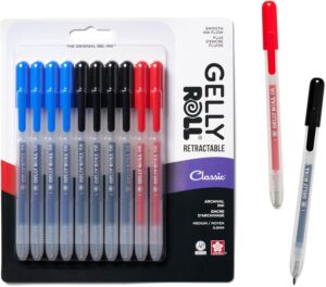 SAKURA Gelly Roll Retractable Gel Pens Colored - Classic Color Set - Medium Point Ink Pen for Journaling, Art, or Drawing - Colored Gel Pens with Black, Blue & Red Ink - 10 Pack