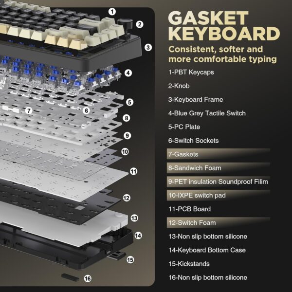 YUNZII B75 Mechanical Keyboard,75% Layout with Knob,Hot Swappable RGB Backlit Gasket Mounted, Creamy Typing, Double-Shot PBT Keycaps,Cherry Profile,for Win/Mac (Black, Blue Grey Tactile Switch)