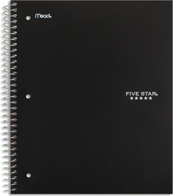 Five Star Spiral Notebook + Study App, 5 Subject, Wide Ruled Paper, 8" x 10-1/2", 200 Sheets, Fights Ink Bleed, Water Resistant Cover, Black (72045)
