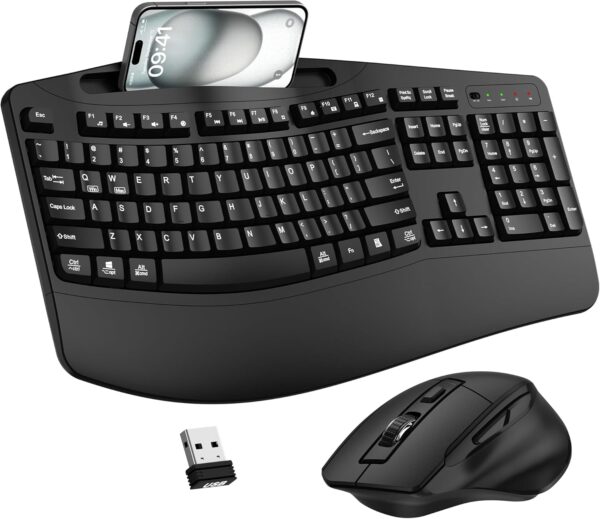 Wireless Keyboard and Mouse Combo, 2.4G Full Size Wave Keys Wireless Keyboard and Mouse Combo, 2.4G Full Size Wave Keys Ergonomic Keyboard with Wrist Rest, Phone Holder, 3-Level DPI Adjustable Wireless Ergonomic Mouse for Windows, Mac Desktop/Laptop/PC(Black)