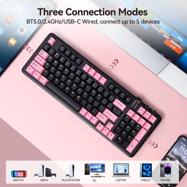 AUSDOM 98Pro Silent Wireless Mechanical Keyboard, Tri-Mode BT/2.4G/USB-C Hot Swappable Custom Quiet Keyboard with Backlit, Gasket Structure, PBT Keycaps,Pre-lubed Tactile Switches(Black & Pink-Silent)