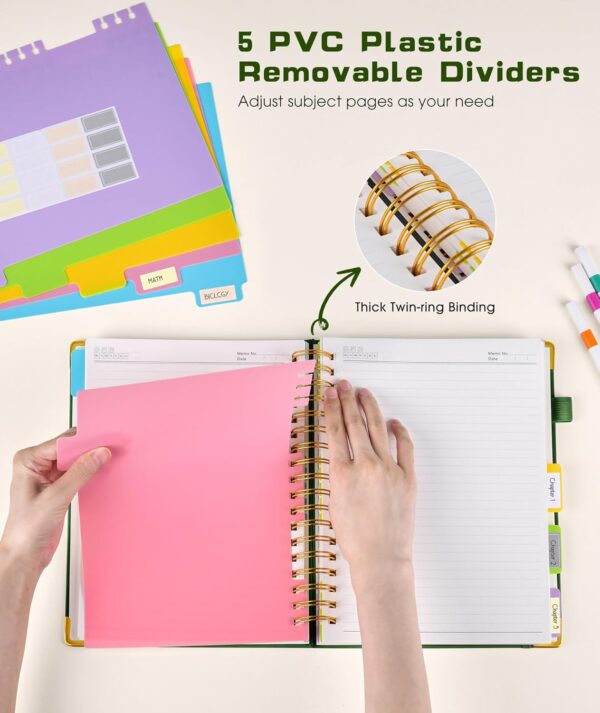 Hardcover Spiral Notebook journal with Removable Dividers Tabs, 300 Pages Leather 5 Subject Notebook College Ruled, 8"x10" Large B5 Notebooks for Work School Note taking, Lined Journal for Women,Green