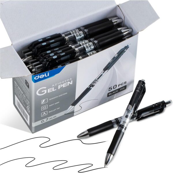 deli Gel Pens, 50 Pcs Retractable Pens Black Ink, Medium deli Gel Pens, 50 Pcs Retractable Pens Black Ink, Medium Point Pen 0.7mm, Smooth Writing, Fast Dry, No Bleed for Journaling Note Taking, Home School Office Supplies