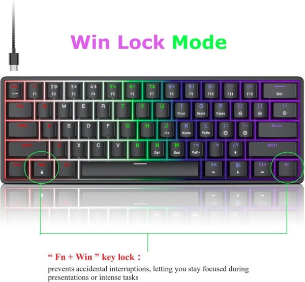 TECURS 60% Compact Mechanical Keyboard for Mac/Windows/PC, Ideal for Office & Gaming, 61 Keys RGB Backlit Wired Keyboard with Linear Red Switch for Fast Response & Smooth Typing, Black