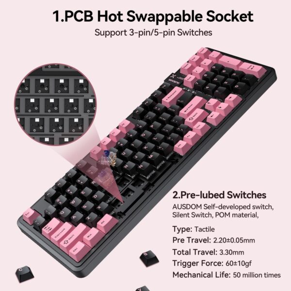 AUSDOM 98Pro Silent Wireless Mechanical Keyboard, Tri-Mode BT/2.4G/USB-C Hot Swappable Custom Quiet Keyboard with Backlit, Gasket Structure, PBT Keycaps,Pre-lubed Tactile Switches(Black & Pink-Silent)