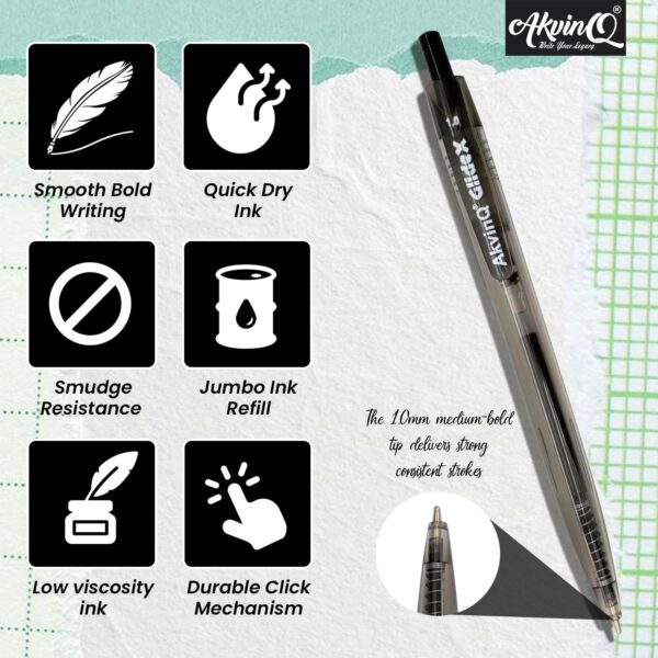 AKVINQ® GlideX Retractable Ballpoint Pens – Black Ink – 1.0 mm Bold Tip – Smooth Writing, Quick Dry, Low-viscosity ink, No Smudge – 100 Pens Bulk Pack for Office & School Supplies