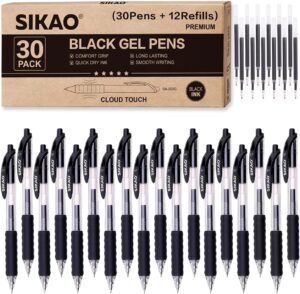 Black Gel Pens Bulk 30 Pack + 12 Refills, Black Ink 0.7mm Fine Point Smooth Writing No-Smudge, Gel Ink Pens Black with CLOUD TOUCH GRIP, Retractable Click Pens for Office, School, Teachers & Servers