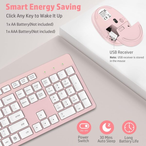 71tz3SHnAlL._AC_SL1500_.jpg LeadsaiL Pink Wireless Keyboard and Mouse Combo, Full-Sized Ergonomic Computer Keyboard, 2.4GHz Cordless Keyboard Silent Mouse Set with 2-in-1 USB Receiver, 12 FN Shortcuts for Windows Laptop, PC/Mac