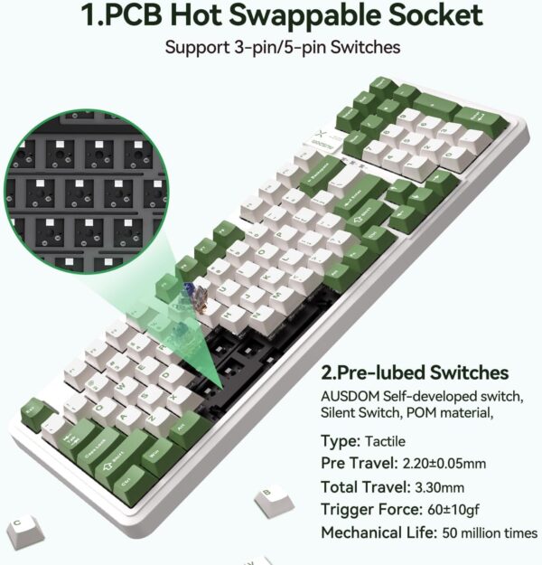 AUSDOM 98Pro Silent Mechanical Keyboard, Wireless Hot Swappable Gaming Keyboard with Backlit,Gasket Structure,Pre-lubed Tactile Switches,2.4GHz/Type-C/Bluetooth Custom Keyboards (Green & White-Silent)