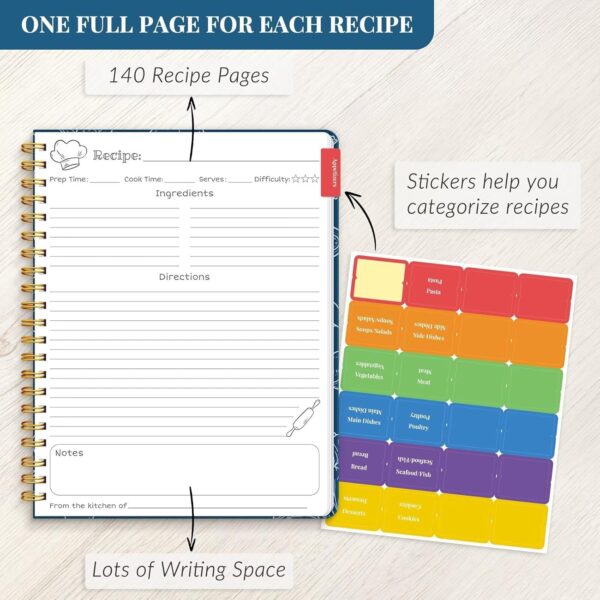 LuBudingJoy Blank Recipe Book to Write in Your Own Recipes, Full Page Sprial Hardcover Personal Recipe Organise, Recipe Journal Hold 140 Recipes(Blue)