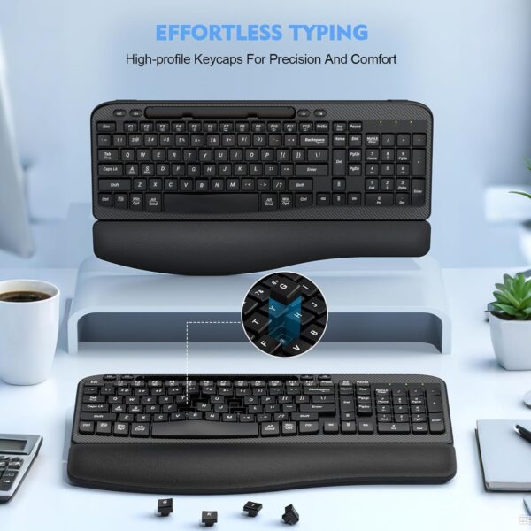 Ergonomic Wireless Keyboard with Cushioned Wrist Rest, Wave Keys, Phone Holder, Comfortable Natural Typing, 2.4GHz Full Size Cordless USB Computer Keyboard for Windows, Mac OS, Laptop, PC (Black)