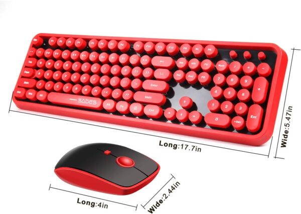 Wireless Keyboard and Mouse Combo, Retro Typewriter Style Red Keyboard with 104 Round Keys, Cute Bubble Round Keycaps, 2.4GHz Clicky Creamy Sounding Keyboard & 3 DPI Mouse for PC Laptop Desktop Gaming