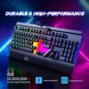 RisoPhy Gaming Keyboard, 104 Keys All-Metal Panel, Rainbow LED Backlit Silent Computer Keyboard, Wrist Rest, Multimedia Keys, Anti-Ghosting, Waterproof Light Up Wired Keyboard for PC Mac Gamer