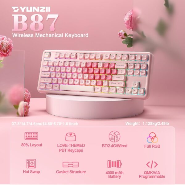 YUNZII B87 Wireless Mechanical Keyboard,QMK/VIA Programmable,TKL Layout 87 Keys,BT/2.4G/USB-C,Hot Swap Gasket Mount RGB Backlit Gaming with Wrist Rest for Win/Mac (Pink, Cocoa Cream V2)
