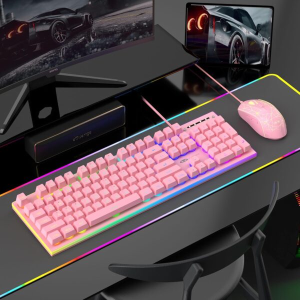 MageGee GT838 Gaming Keyboard and Mouse Combo, 104 Keys RGB Backlit Quiet Wired Keyboards for Laptop PC MAC, with Number Pad, Metal Panel, Anti-Ghosting, Pink