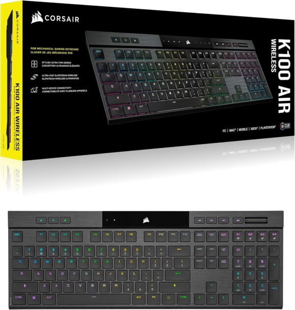 Corsair K100 AIR Wireless RGB Mechanical Gaming Keyboard - Ultra-Thin, Sub-1ms Slipstream, Low-Latency Bluetooth, Cherry MX Ultra Low Profile Keyswitches - NA Layout, QWERTY - Black