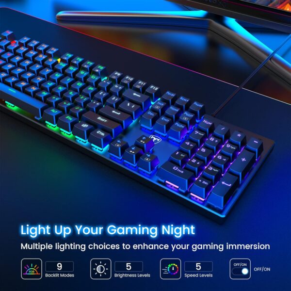 RisoPhy Mechanical Gaming Keyboard, RGB 104 Keys Ultra-Slim LED Backlit USB Wired Keyboard with Blue Switch, Durable Abs Keycaps/Anti-Ghosting/Spill-Resistant Computer Keyboard for PC Mac Xbox Gamer