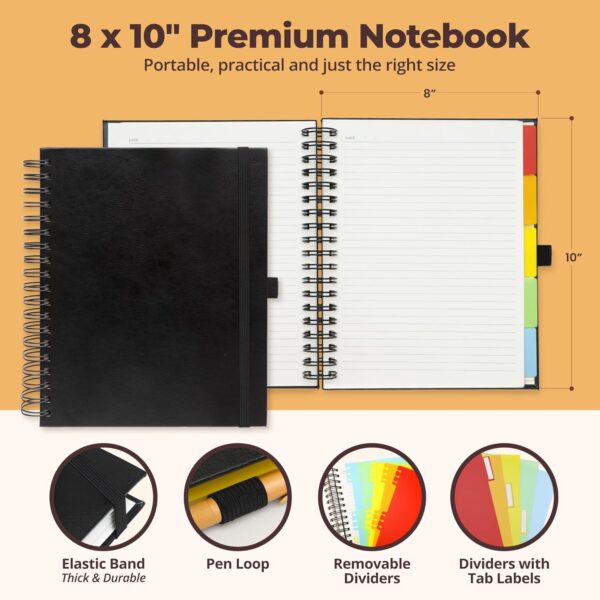 Hardcover Leather Lined Spiral Notebook 8x10" with Removable Dividers - Black - 300 Pages 5 Subject College Ruled Notebook for Work with Tabs, Pockets, and Pen Loop for Note Taking, Large Journal