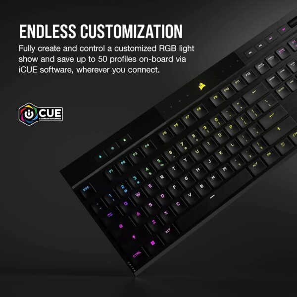 Corsair K100 AIR Wireless RGB Mechanical Gaming Keyboard - Ultra-Thin, Sub-1ms Slipstream, Low-Latency Bluetooth, Cherry MX Ultra Low Profile Keyswitches - NA Layout, QWERTY - Black