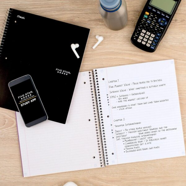 Five Star Spiral Notebook Plus Study App, 1 Subject, College Ruled Paper, 100 Sheets, 8-1/2" x 11", School, Black (72057)