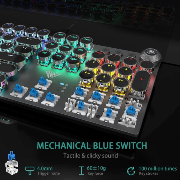 AULA F2088 Typewriter Style Mechanical Gaming Keyboard Wired,Blue Switches,Rainbow LED Backlit,Removable Wrist Rest,Media Control Knob,Retro Punk Round Keycaps,USB Wired Computer Keyboard