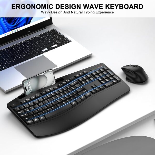 81D7vXHoviL._AC_SL1500_.jpg Wireless Keyboard and Mouse Combo, 2.4G Full Size Wave Keys Ergonomic Keyboard with Wrist Rest, Phone Holder, 3-Level DPI Adjustable Wireless Ergonomic Mouse for Windows, Mac Desktop/Laptop/PC(Black)