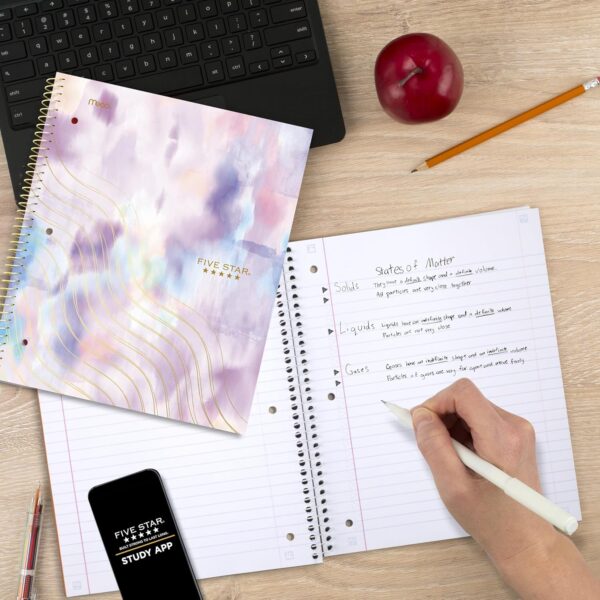 Five Star Spiral Notebook + Study App, 1 Subject, Wide Ruled, 8" x 10-1/2", 80 Sheets, Fights Ink Bleed, Water Resistant Cover, Pastel Tie Dye (930210F-ECM)