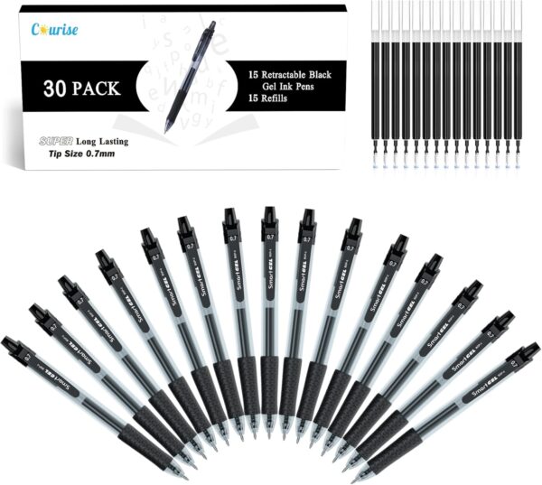 Courise 30 Pack Black Gel Pens, Retractable Medium Point Gel Ink Pens Smooth Writing for School Office Home, Comfort Grip(15 Pens with 15 Refills)