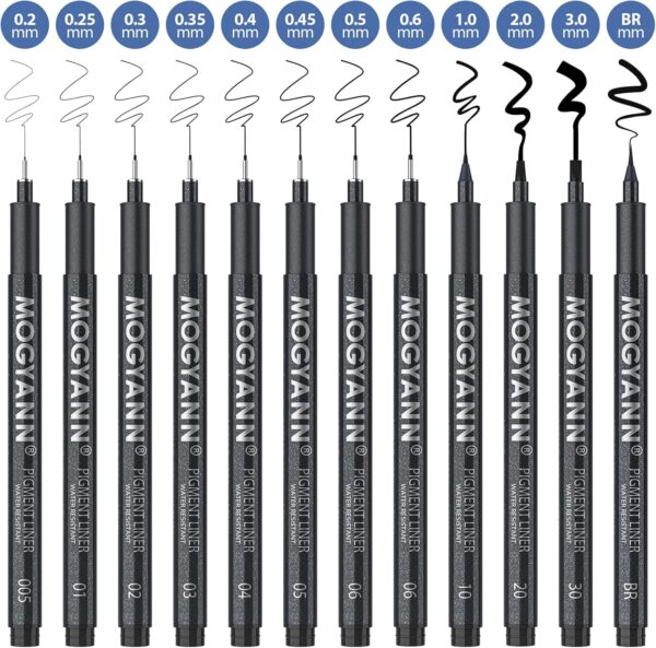 Mogyann Drawing Pens Black Art Pens for Drawing 12 Size Waterproof Ink Pens for Artists Sketching, Manga, Writing