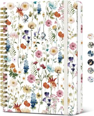 Taja Spiral Journal Notebook for Women, Pretty Hardcover Lined Notebook for Work & Note Taking, Aesthetic Cute Journal for Writing, 140 Pages, 6"x8", Floral