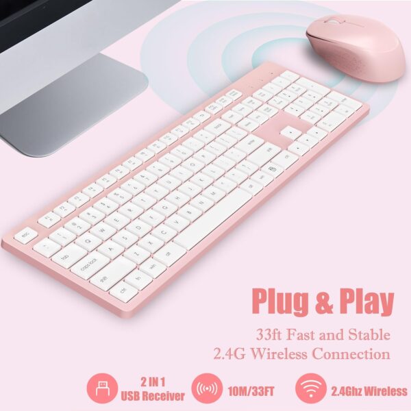 81Mk7ReHoZL._AC_SL1500_.jpg LeadsaiL Pink Wireless Keyboard and Mouse Combo, Full-Sized Ergonomic Computer Keyboard, 2.4GHz Cordless Keyboard Silent Mouse Set with 2-in-1 USB Receiver, 12 FN Shortcuts for Windows Laptop, PC/Mac