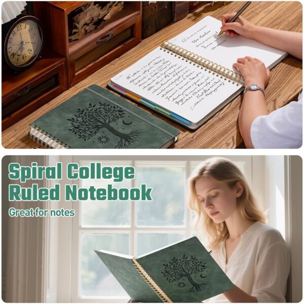 Ovesmusl Hardcover Spiral Notebook 8.5" x 11" with 5 Removable Dividers 300 Pages Leather 5 Subject Notebook College Ruled 100GSM Large Spiral Notebooks for Work Thick Lined Journal for Women, Green