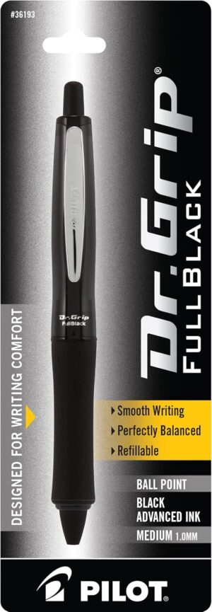 PILOT Dr. Grip FullBlack Refillable & Retractable Ballpoint Pen, Medium Point, Black Ink, Single Pen (36193)- Ideal for School, Journaling & Office Writing