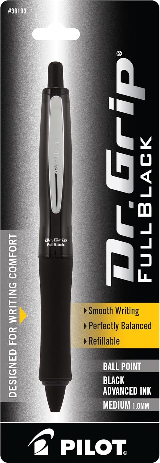 PILOT Dr. Grip FullBlack Refillable & Retractable Ballpoint Pen, Medium Point, Black Ink, Single Pen (36193)- Ideal for School, Journaling & Office Writing