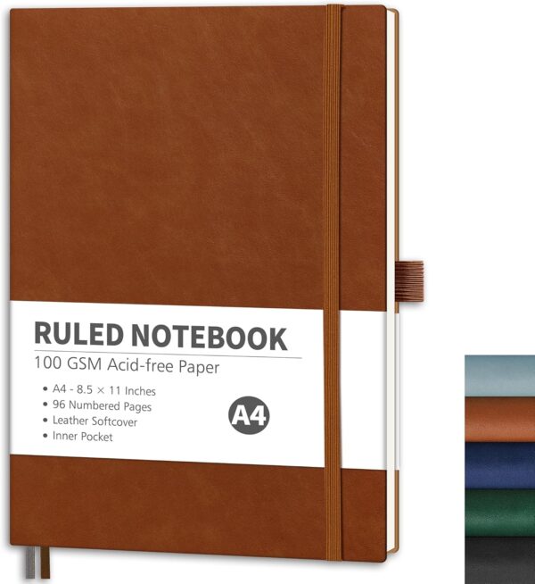 RETTACY Lined Journal Notebook, 96 Numbered Pages, A4 Large Size (8.5'' x 11''), for Men & Women, Journaling, Writing, Work & Office, Leather Softcover, 100 GSM Thick Paper (Brown)