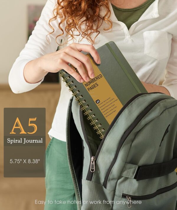 81QV0WbJRDL._AC_SL1500_.jpg Lined Spiral Journal Notebook, A5 Hardcover Spiral Journals for Women Men, 150 Numbered Pages Spiral Bound Notebook, 100 GSM College Ruled Notebooks for Work, Note Taking 5.75" x 8.38", Olive Green