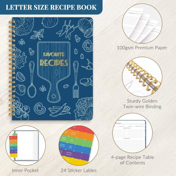 LuBudingJoy Blank Recipe Book to Write in Your Own Recipes, Full Page Sprial Hardcover Personal Recipe Organise, Recipe Journal Hold 140 Recipes(Blue)