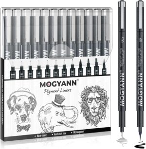 Mogyann Drawing Pens Black Art Pens for Drawing 12 Size Waterproof Ink Pens for Artists Sketching, Manga, Writing