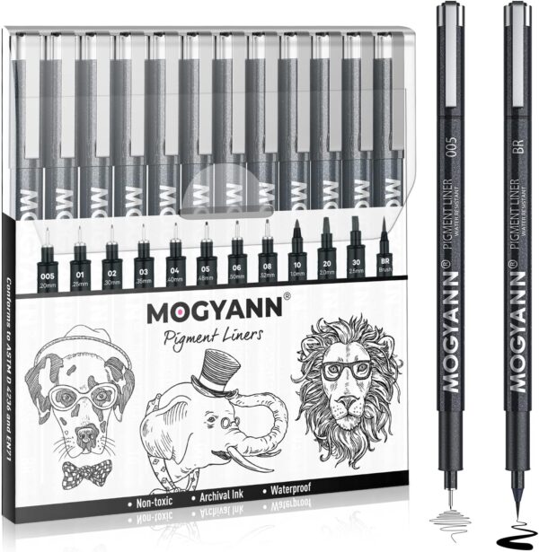 Mogyann Drawing Pens Black Art Pens for Drawing 12 Size Waterproof Ink Pens for Artists Sketching, Manga, Writing