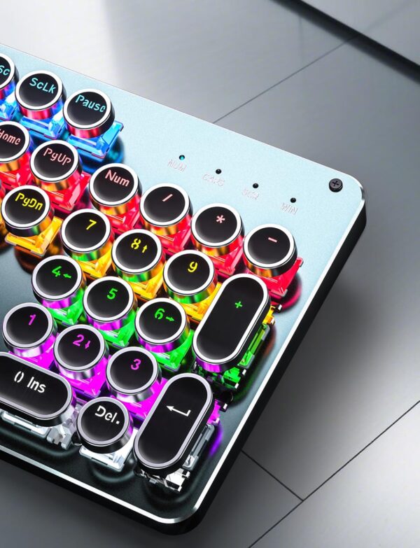 81UeTLCWFDL._AC_SL1500_.jpg Typewriter Style Mechanical Gaming Keyboard Blue Switch, Rainbow LED Backlit Wired Computer Keyboards Mouse and Pad Combo, Metal Panel Retro Punk Round Keycaps, 104 Keys Anti-Ghost for PC Laptop Gamer