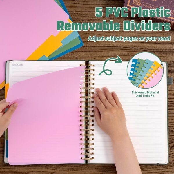 Ovesmusl Hardcover Spiral Notebook 8.5" x 11" with 5 Removable Dividers 300 Pages Leather 5 Subject Notebook College Ruled 100GSM Large Spiral Notebooks for Work Thick Lined Journal for Women, Green