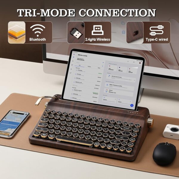 YUNZII QL75 Wireless Typewriter Hot Swap Retro Mechanical Keyboard,Punk Round Keycaps,RGB Backlit QMK/VIA Programmable, Multi-Device Keyboard with 2.4GHz/Type-C/BT5.0 (Wood, Cocoa Cream V2 Switch)