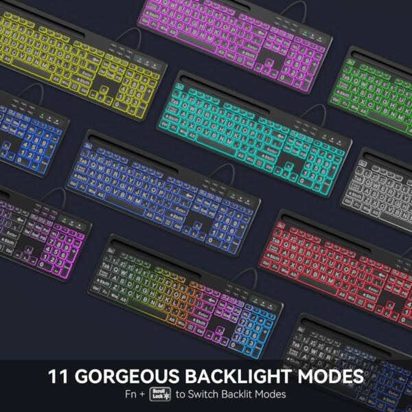 81Zid2h276L._AC_SL1500_.jpg MARVO Large Print Backlit Keyboard, WK712 Wired Computer Keyboards with 7 Colors & 11 Modes Backlight, Tablet Phone Holder and Quiet Light Up Keys, Full-Size Gaming Keyboard for Windows, Mac